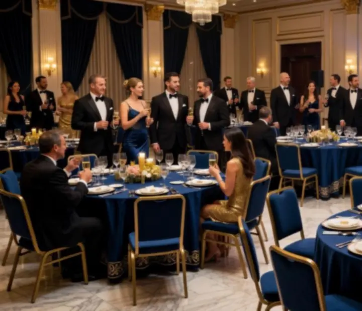 Galowy wieczór firmowy w eleganckiej sali z oprawą w stylu kasyno