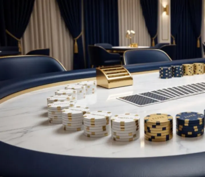 Profesjonalny zestaw pokerowy, żetony i stół w klimacie ekskluzywnego kasyna.