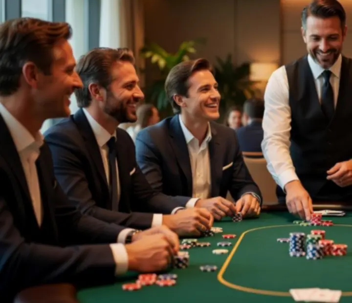 Goście bawiący się przy stole pokerowym podczas eventu integracyjnego.